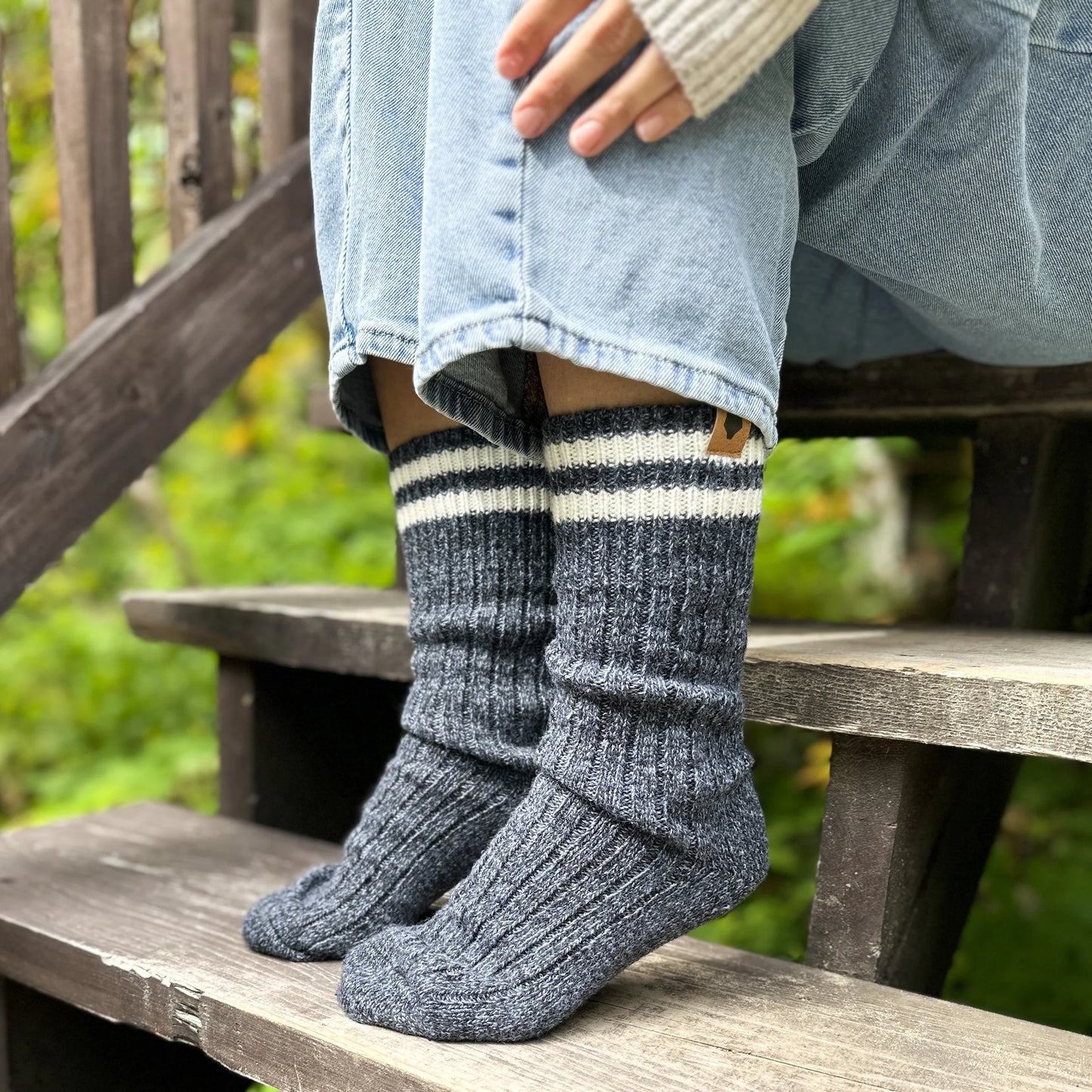 Bas de laine marine - 2 bandes blanches